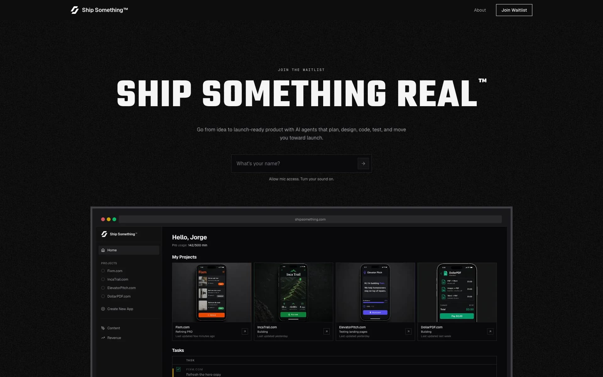The Ship Something homepage: “Ship Something Real” above a mock dashboard listing four projects and their current status