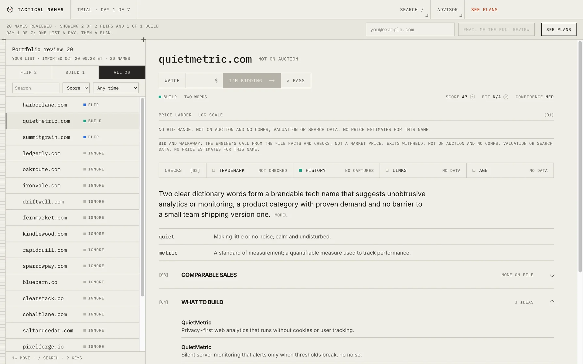 The Tactical Names desk: a list of expiring domains with verdicts beside the detail for quietmetric.com, a Build call with three business ideas and no price estimate