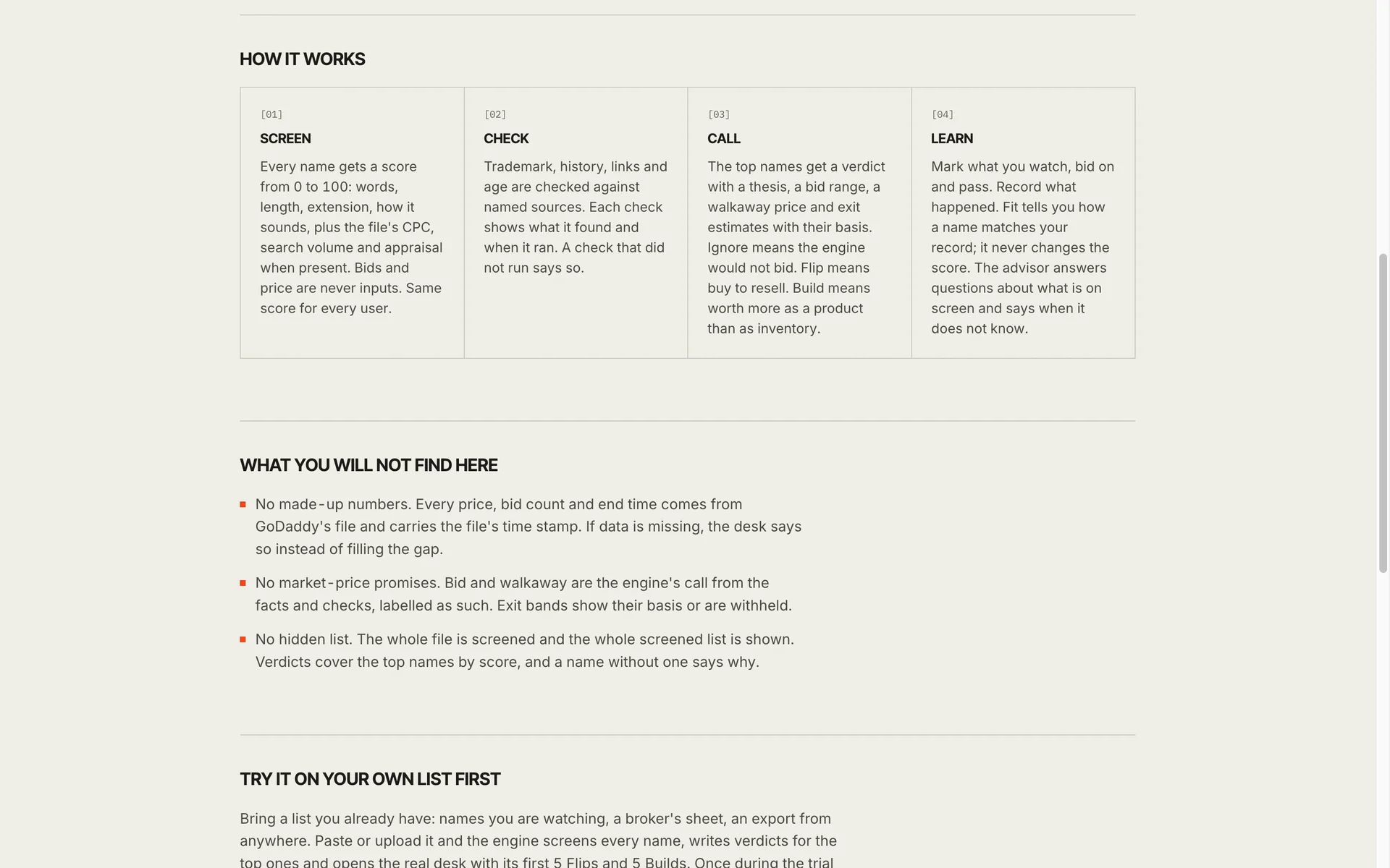 The Tactical Names “How it works” section: Screen, Check, Call, Learn