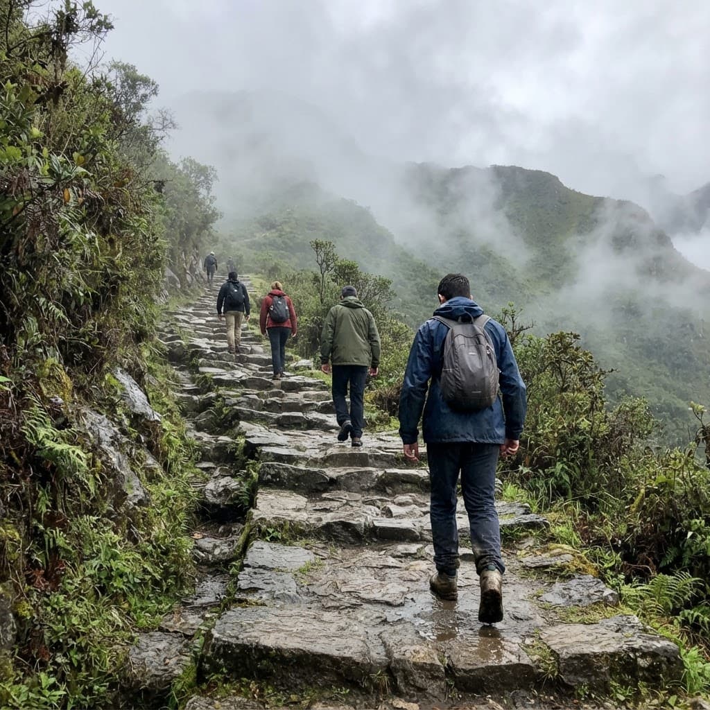 A hiker on a mountain trail in the Andes