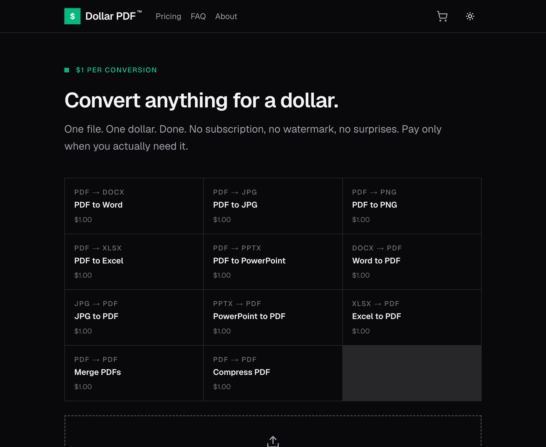 The original Dollar PDF homepage: a dark, green-on-black layout with the headline "Convert anything for a dollar" above a grid of conversion options.