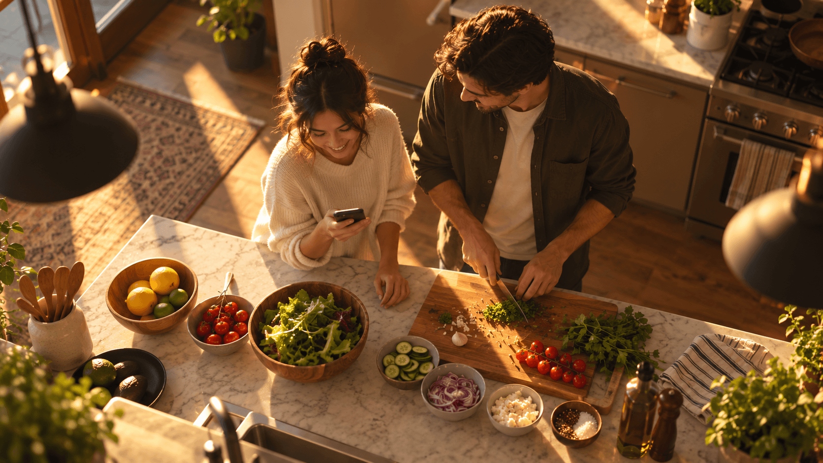 Two people cooking together in a sunlit kitchen
