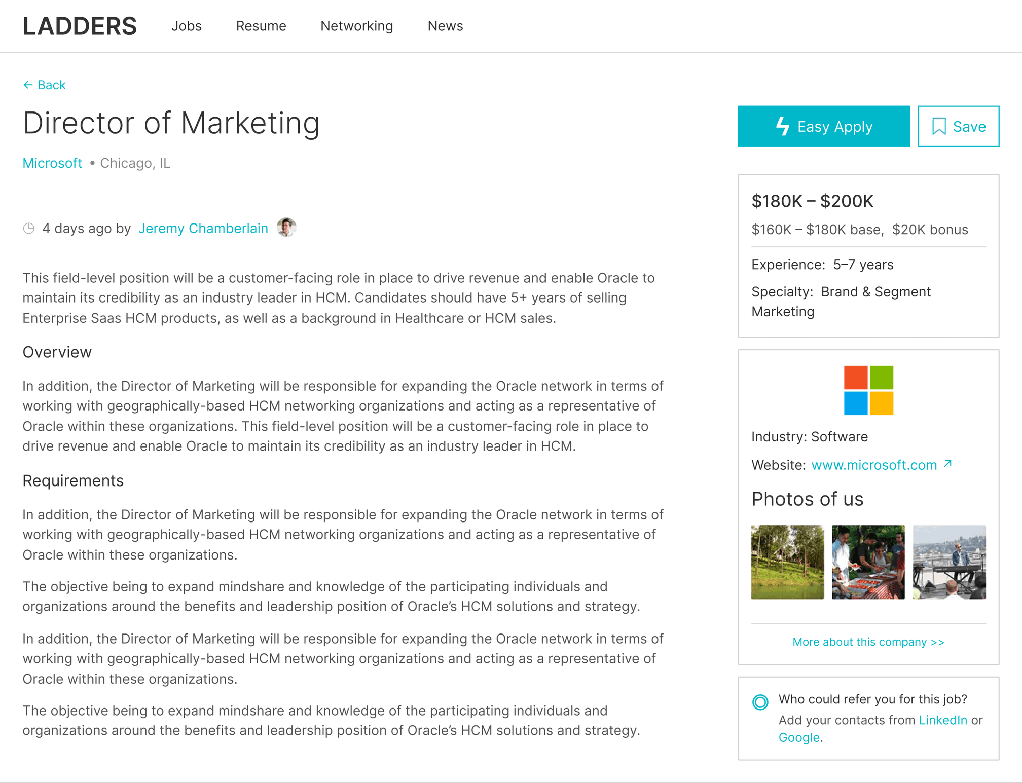 The Ladders job detail page for a Director of Marketing role