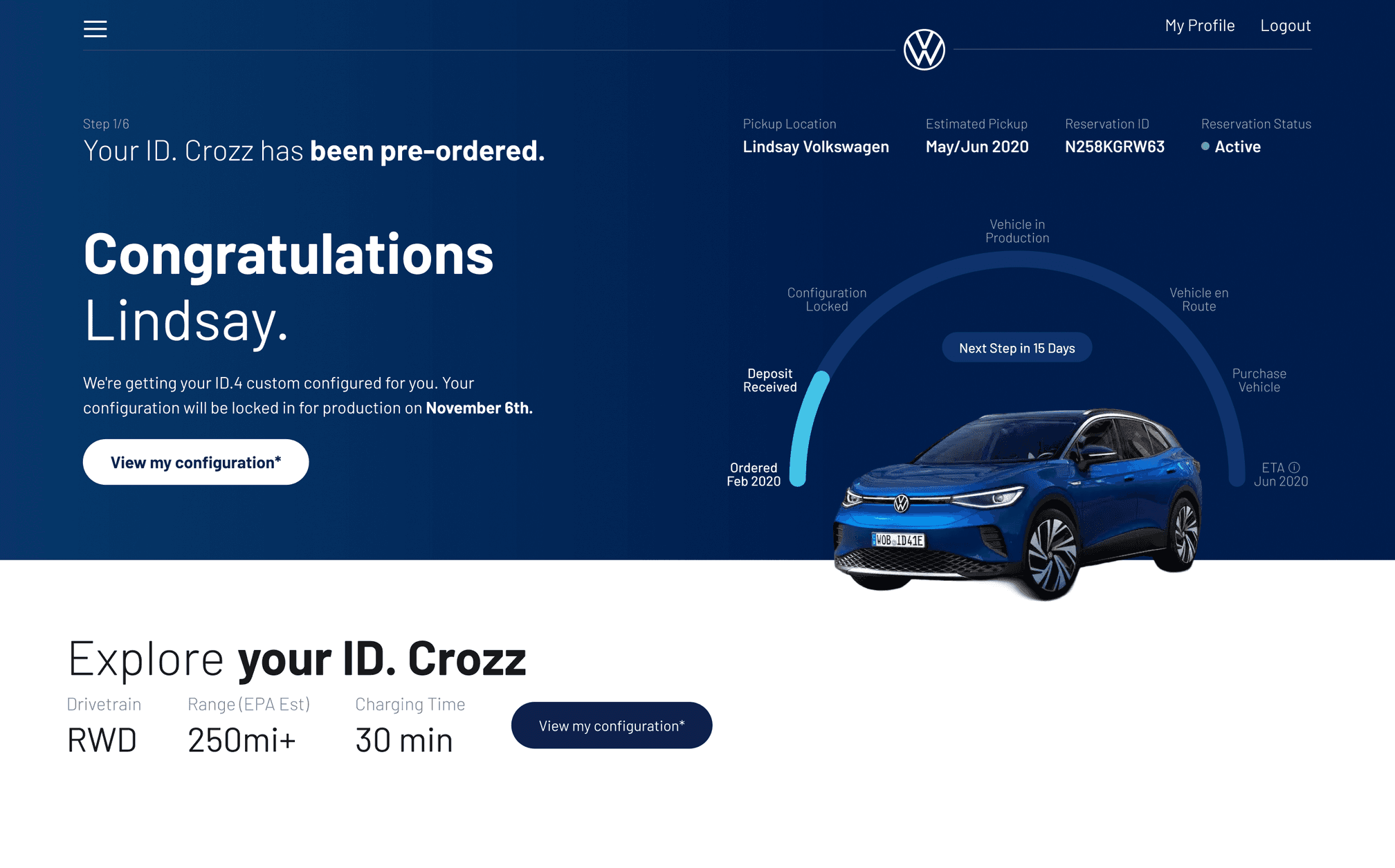 VW ID.4 reservation confirmation screen with the production tracker